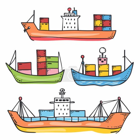 Three colorful cargo ships carrying stacks containers. Handdrawn style maritime transportation vector set. Bright colored freight boats, sea logistics shipping illustrations