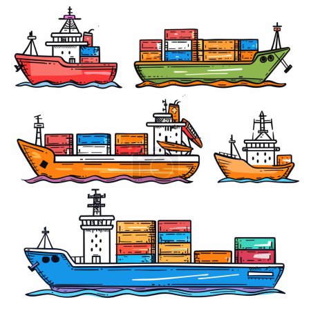 Four colorful cargo ships containers handdrawn, floating water, maritime transport concept, vector art. Cartoon cargo vessels stacks freight boxes, nautical shipping fleet, isolated. Illustrative