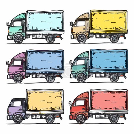 Camiones de reparto dibujados a mano ilustración colorida. Los vehículos de carga estilo boceto establecen un fondo blanco aislado. Tema de logística de transporte comercial de varios colores