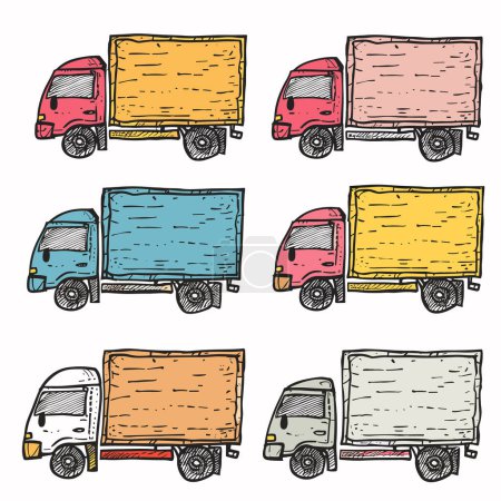 Juego de vectores de camiones de entrega coloridos dibujados a mano, ilustración de transporte de carga de varios colores. Vehículos de reparto de estilo de dibujos animados aislados fondo blanco, colección de camiones doodle. Seis colores diferentes