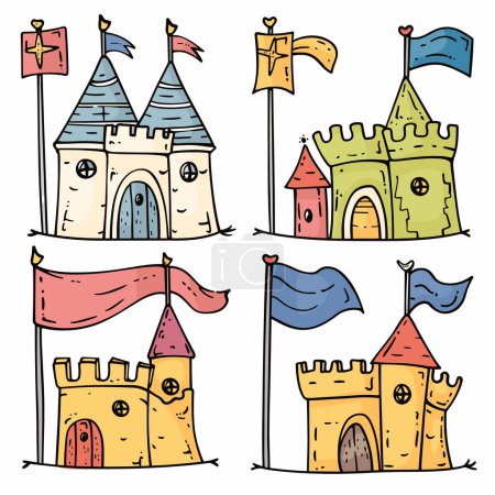 Handdrawn colorful castles, cute medieval buildings flags. Cartoon fairy tale fortresses, whimsical fantasy theme. Childlike playful castle illustrations, vibrant colors, creative kids backgrounds