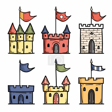 Seis castillos de dibujos animados colorido estilo garabato caprichoso conjunto aislado fondo blanco. Fortalezas de fantasía medieval diferentes diseños banderas torres. Cómic dibujado a mano símbolos de fortaleza libro de cuentos para niños