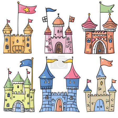 Collection six colorful cartoon castles different designs flags turrets. Handdrawn fairytale castles pink yellow blue towers kids storybook. Childrens fantasy illustration isolated white background