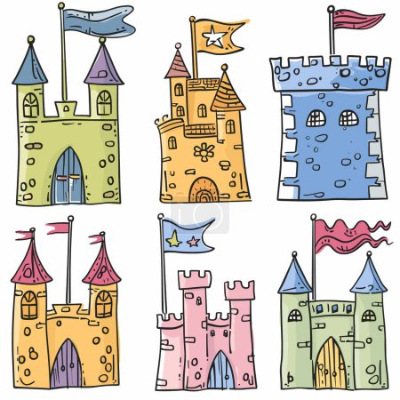 Collection colorful handdrawn castles, uniquely designed flags atop towers. Cartoon illustrations medieval forts featuring doors, windows, varied roof styles against white background. Ideal fantasy