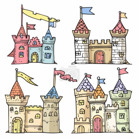 Handdrawn castles colorful cartoon style, medieval architecture towers flags. Fantasy fairytale castles collection, creative kids illustration pink blue yellow. Doodle design, playful vector art