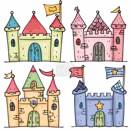 Cuatro coloridos castillos dibujados a mano con torretas, banderas, puertas únicas, retratos de castillo de arquitectura medieval estilizada, encanto animado vibrante. Conjunto sobre fondo blanco, niños perfectos