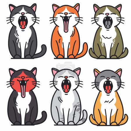 Téléchargez les photos : Six chats de dessin animé assis, de différentes couleurs, exprimant le bonheur émotionnel, surprise, chant. Design félin stylisé mignon, lignes audacieuses, personnages de chat colorés. Fond blanc isolé, heureux - en image libre de droit