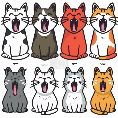 Bunte Zeichentrickkatzen miauen laut, niedliche Katzen singen Schnurrhaare. Sechs verschiedene Katzenrassen sitzen lächelnd da, zwei Reihen Cartoon-Stil. Verspielte Haustiere, verschiedene Farben Katzenillustration
