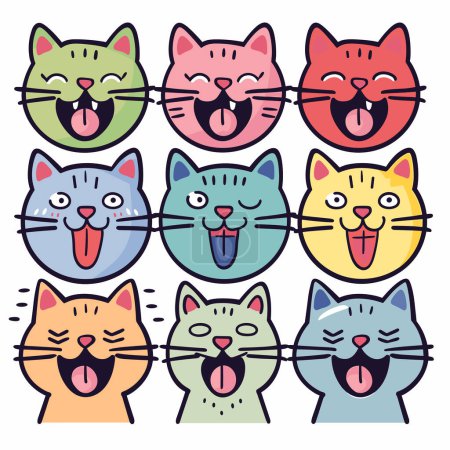 Neun Cartoon-Katzen arrangierten Gitter, Katzenfarbausdruck, niedliche Tiergesichter. Lächelnde Katzengesichter mit herausgestreckter Zunge, verspielte künstlerische Katzenillustration, buntes Design. Katzenaugen im Cartoon-Stil