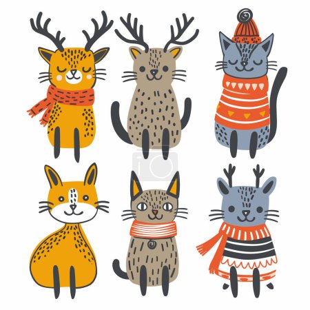 Illustration for Six cats dressed winter clothing resembling forest animals. Orange cat deer antlers, scarf, blue cat catdeer hybrid, gray knitted hat. Cute whimsical feline characters, animal costumes, playful - Royalty Free Image