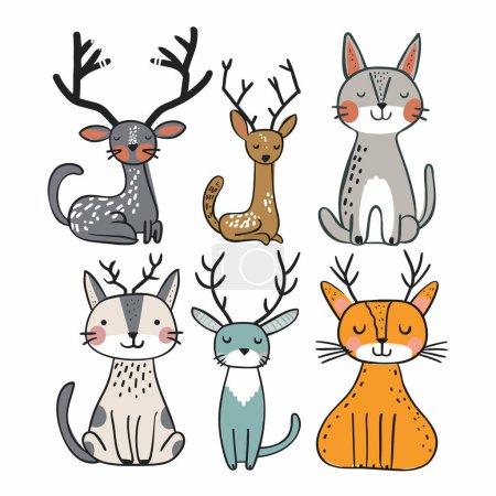 Ilustración de Animales de dibujos animados lindos, incluyendo gatos ciervos, con astas, caras alegres, expresiones felices, estilo de ilustración de niños. Seis animales, diversos colores, rasgos faciales lúdicos, gráficos para niños - Imagen libre de derechos
