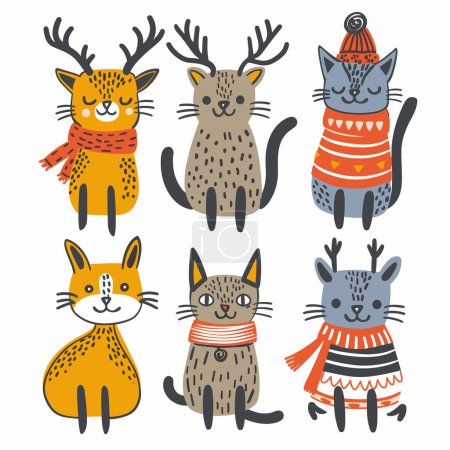 Six cartoon animals, dressed winter accessories, cute animal characters. Top row deercats antlers, middle cat wearing hat, bright colors. Bottom row features cat characters, one scarf, smiling