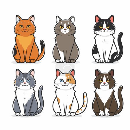 Seis gatos de dibujos animados sentados, varios patrones de colores, lindos personajes felinos, ilustraciones de mascotas aisladas fondo blanco. Colección adorables diseños de gatos, avatares animales amigables, gatitos peludos