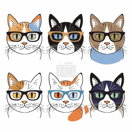 Six cartoon cats wearing different glasses, various fur patterns colors. Cats accessories, illustrations feline faces, whiskers, expressive eyes. Cute set facial expressions eyewear styles pet