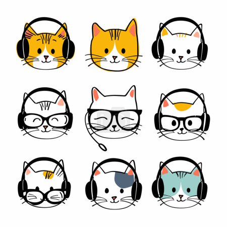Collection cute cat faces wearing headphones glasses. Cartoon feline heads various expressions, music tech accessories. Simplistic design, adorable kitty characters, isolated white background