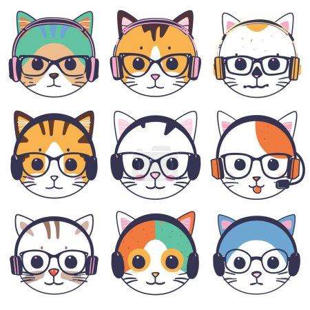 Neuf chats de dessin animé mignons portant des lunettes colorées casque, chat affiche des marquages uniques styles casque, la création de divers personnages félins ensemble. Amusant chat avatars thèmes de jeu de musique, conçu