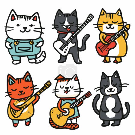 Six cartoon cats playing musical instruments, dressed colorful clothes, cat character has distinct appearance holding either electric acoustic guitar, illustration style fun, childfriendly, bright