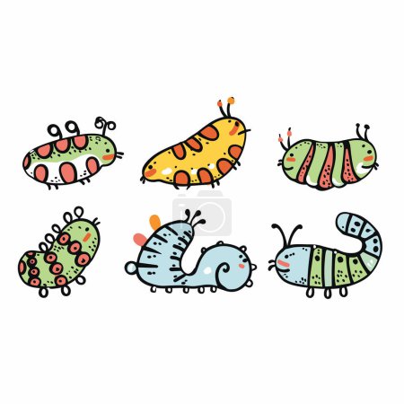 Five colorful cartoon caterpillars variety patterns dots stripes. Cute insect characters kids illustrations lively colors. Childfriendly design caterpillars playful cheerful artwork