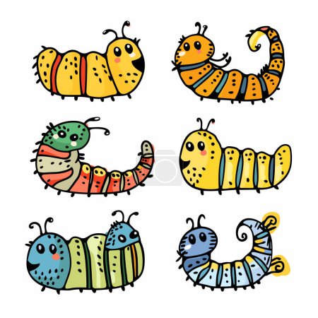 Illustration for Four cute cartoon caterpillars, various colors, patterns playful childrens illustration. Handdrawn insects, cheerful, smiling faces, colorful segmented bodies. Kids book characters, caterpillar - Royalty Free Image