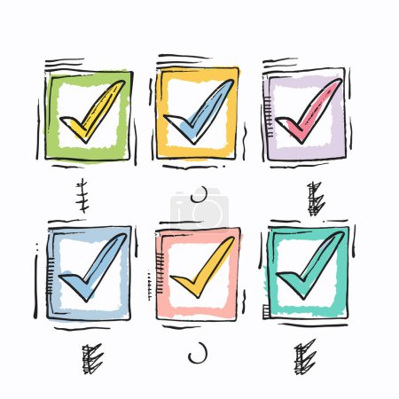 Handgezeichnete Häkchen skizzieren farbenfroh sechs Quadrate, in denen Häkchen gesetzt werden, die die Zustimmung bestätigen. Kreative Doodle-Checklisten markieren erfolgreiche Aufgaben. Konzeptionelle Kontrollkästchen