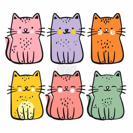 Six cute cartoon cats various colors isolated white background, cat depicts different expressions, colors include pink, purple, orange, yellow, green. Simple adorable design perfect children cat