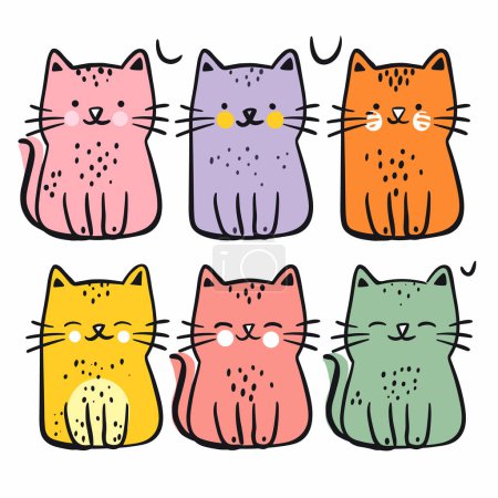 Téléchargez les illustrations : Six chats de dessin animé mignon coloré diverses expressions. Chats assis contours simples, moustaches, couleurs créatives conçues. chats mignons de style Kawaii, heureux, contenu, clin d'oeil, enfants, dessins joyeux - en licence libre de droit