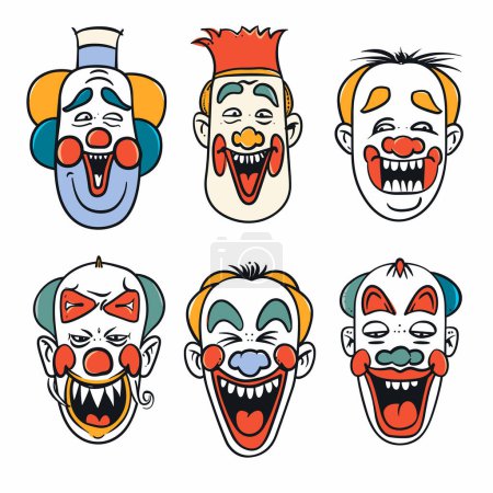 Six cartoon clown faces express various emotions, featuring distinct clown makeup hairstyles, characters design, facial expressions, colorful, humorous, exaggeration. Expressive circus heads
