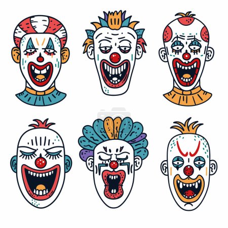 Six clown faces colorful cartoon collection isolated white background, clown face unique expressing different emotions, playful creepy clowns cartoon characters. Funny circus performers, exaggerated