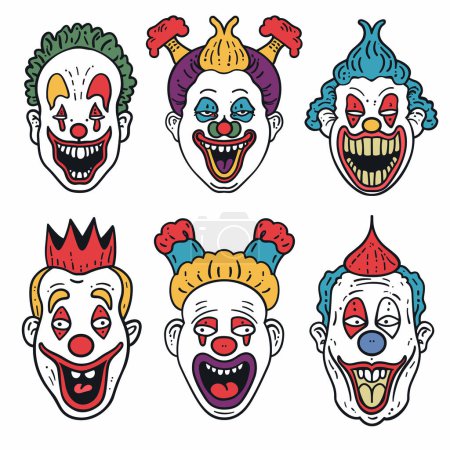 Set cartoon clown faces displaying different expressions, colorful clown hair, makeup, outfits. Clowns illustrated playful, humorous style, ideal circus themes party decorations. Various