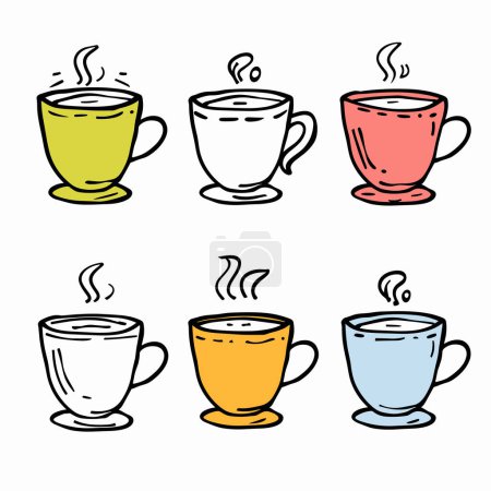 Illustration for Six colorful doodle style coffee cups steam emitting, suggesting hot beverages. Handdrawn mugs filled, various hues yellow, white, pink, orange, blue, drink illustrations. Simple line art coffee - Royalty Free Image