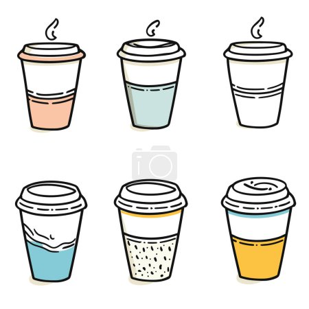 Ilustración de Seis tazas de café coloridas tapas ilustradas, diseño de color único, que representa bebidas humeantes. Tazas de café de estilo dibujado a mano, diferentes colores de la manga que sugieren tipos de sabores variedad. Vector - Imagen libre de derechos