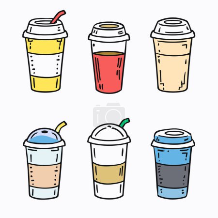 Handdrawn colorful beverage cups collection coffee takeaway cups doodle cartoon. Coffee different styles frappe iced drink cold beverages illustrations isolated white background. Disposable yellow