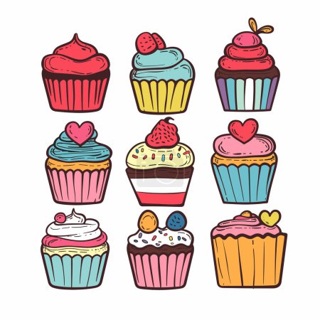 Illustration for Handdrawn assorted cupcakes vector illustration featuring various toppings styles vibrant colors. Delicious sweet treats lineart cupcakes cartoon set, featuring fruit, hearts, cute decorations - Royalty Free Image