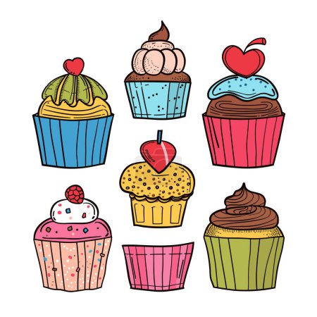 Illustration for Assorted colorful cupcakes illustration featuring different toppings. Cupcakes cartoon set isolated white background menu recipe design. Sweet bakery items fruits chocolate frosting - Royalty Free Image