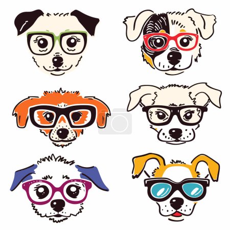 Illustration for Six cartoon dogs wearing colorful glasses. Illustration various dog faces stylish spectacles. Dogs eyewear graphic artwork isolated white background - Royalty Free Image
