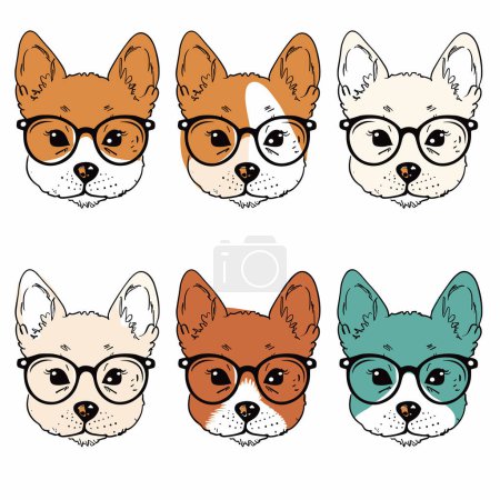 Six cartoon dog faces wearing glasses, varied expressions. Cute canine characters, different, style dogs. Cartoon pups, glasses, fun animal faces, isolated white
