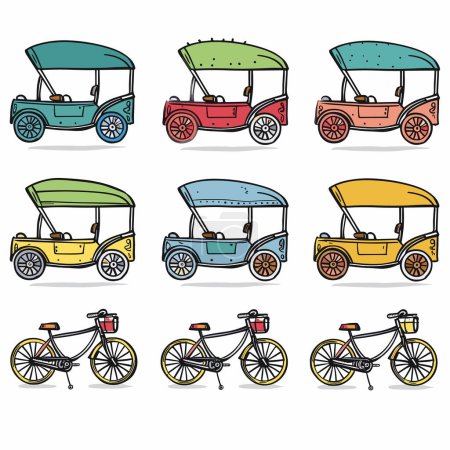 Illustration for Colorful vintage golf carts bicycles line art, variety caddies bikes leisure, simple clean design. Collection classic golf carts bicycles, handdrawn style, different colors top - Royalty Free Image
