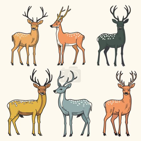 Six stylized deer illustrations displaying various color schemes patterns. Illustration perfect wildlife themed graphic design projects. Artistic representation captures deer different poses hues