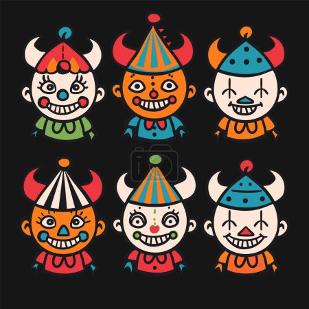 Six cartoon clowns colorful faces arranged two rows against black background. Illustration depicts clown characters smiling, winking, different hats collars, whimsical scary cute. Clowns graphic
