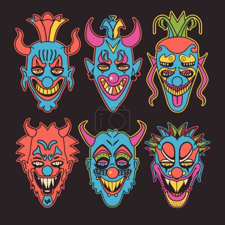 Collection scary clown faces neon colors black background. Six evil clowns sinister expressions vivid makeup. Halloween horror themed carnival clown illustrations bright colors