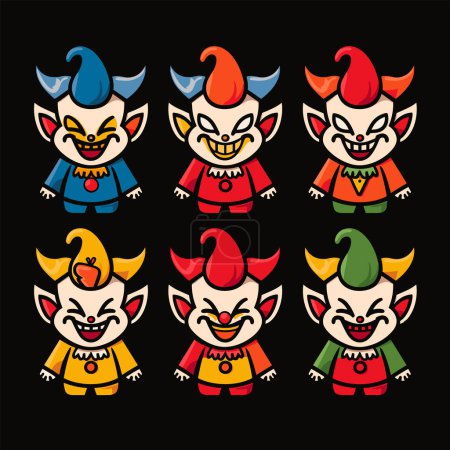 Sechs Cartoon-Clowns, einzigartige Haarfarben, verschmitzte Mienen, spitz zulaufende Ohren, spitze Zähne, lebendige Kleidung vor schwarzem Hintergrund. Diese skurrilen Charaktere