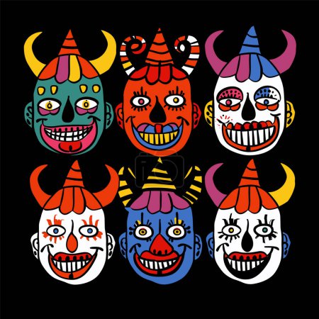 Téléchargez les illustrations : Six visages de clown colorés sur fond noir, visage différent, avec différentes expressions, maquillage de clown, chapeaux de cirque. Des teintes vibrantes, des lignes audacieuses, un style de dessin animé, évoquant la fête - en licence libre de droit