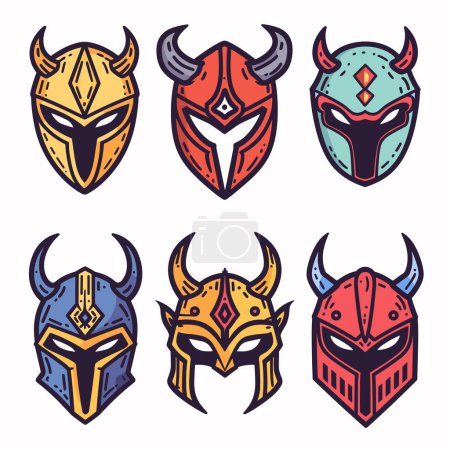 Illustration for Set six colorful warrior helmets depicted, stylized combat designs, tribal warrior mask illustrations. Samurai helmet collection, ancient fighter protection gear, graphic icons set - Royalty Free Image