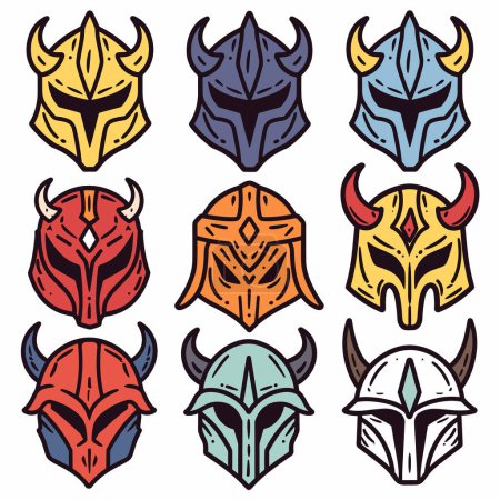 Collection nine colorful warrior helmets fantasy medieval style, helmet features unique design horns armor details. Vibrant color palette includes yellow, blue, red, green helmets