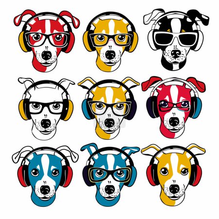 Neuf chiens de dessin animé stylisés portant diverses lunettes de coiffure, lunettes de soleil, écouteurs, chien affiche différentes combinaisons de couleurs accessoires de tête. Cartoon style tshirts appropriés, autocollants, animés