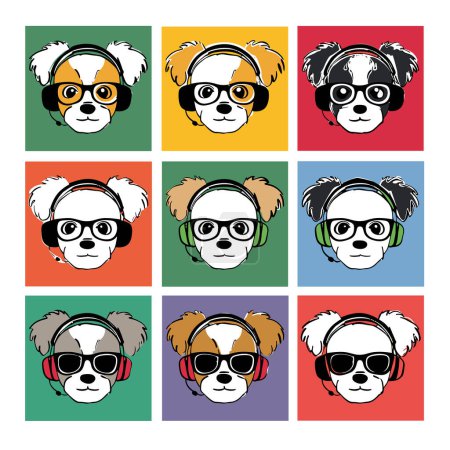 Neun Zeichentrickhunde mit Kopfhörer-Sonnenbrille, Hund getrennt farbigen Quadrat. Hunde verschiedene Farben, Ausdrücke, Kopfbedeckungen, Kopfhörer, Brillenstile, die coole Persönlichkeitsmerkmale darstellen. Illustration