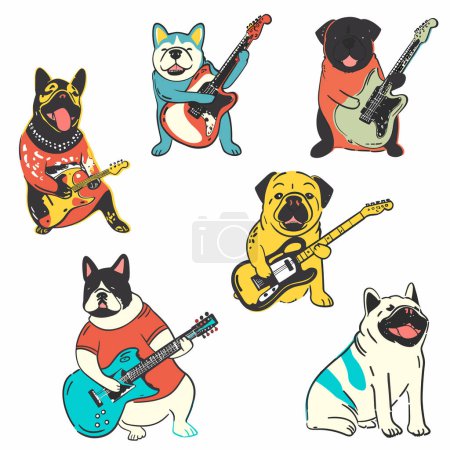 Cartoon dogs playing electric guitars, colorful canine, happy dogs instruments. Variety breeds illustrated guitarists, band attire rocking out, dog collection, playful