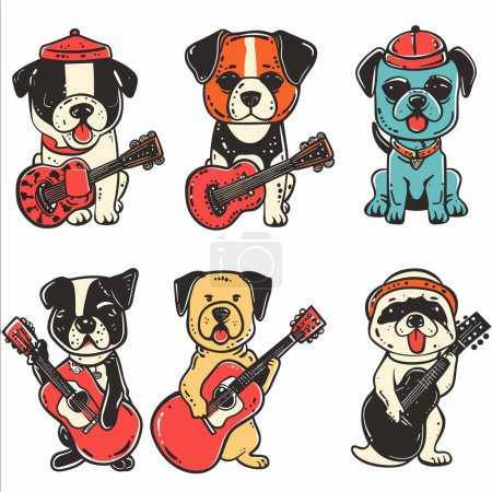 Téléchargez les illustrations : Six chiens de dessin animé, jouant de la guitare rouge, divers accessoires de races. Chiens illustrés différentes poses, tous les instruments de musique, chien de style unique, avec colliers chapeaux - en licence libre de droit