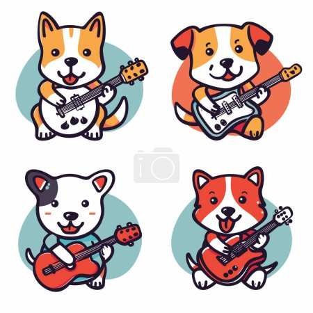 Four cute cartoon dogs playing musical instruments, different type guitar. Canine characters musicians, cheerful, colorful, happy expressions, performing. Illustrated dogs guitars colorful circles