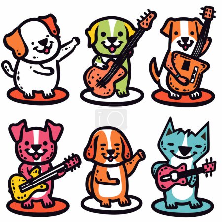 Seis perros de dibujos animados tocando instrumentos musicales, colorido, lindo, banda de animales. Guitarras caninas, feliz, interpretación, música, ilustración vibrante. Perros de dibujos animados, músicos alegría música lúdica temática
